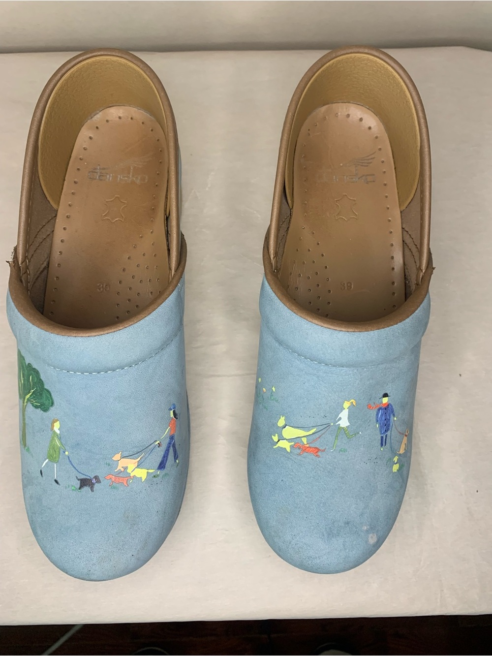 Dansko Light Blue Suede Slip-On Clogs with Dog Walker Print